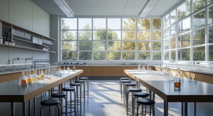 Leinwandbilder - Bright laboratory with labware and large windows.
