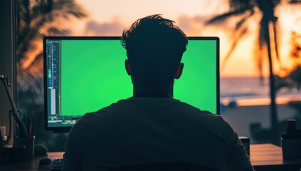 Aufkleber - Man works remotely; green screen monitor, sunset ocean view.