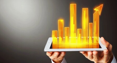 Poster - Glowing golden bar chart with upward arrow on tablet held in hands.