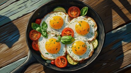 Sticker - Skillet of fried eggs, tomatoes, zucchini, basil on wood.