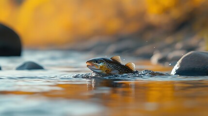 Poster - Trout leaps in river, water splashing.