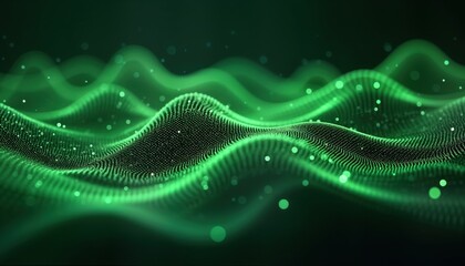 Poster - Abstract tech background shows dynamic green waves. Digital data flows in smooth patterns. Futuristic, vibrant design with flowing lines, shapes. Modern tech concept. Green digital wave form pattern.