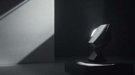 Poster - Dark angular sculpture on platform lit by a single spot.
