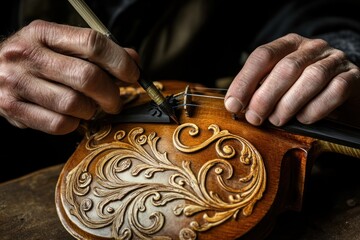 Aufkleber - Craftsman refining detailed violin carving.