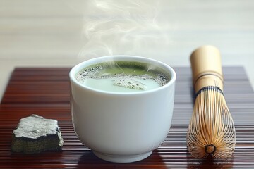 Poster - Hot matcha tea with bamboo whisk and stone on wooden tray.
