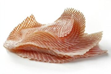 Poster - Thin, layered, translucent fish skin pieces on white.