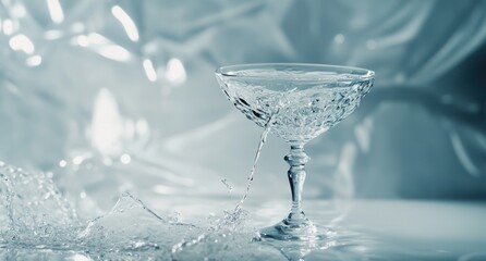 Poster - Crystal glass with water spilling, reflective surface.