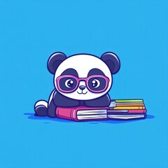 Aufkleber - Cartoon panda with glasses lying on books.
