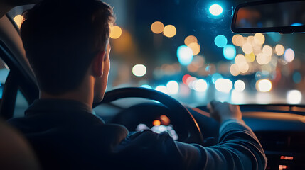 a young man driving a car at night.