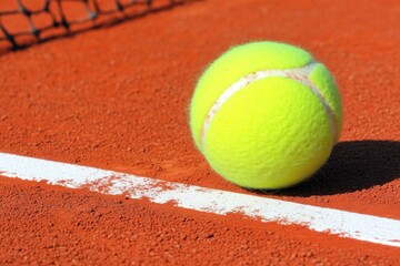 Aufkleber - Tennis ball on clay court, with net visible.