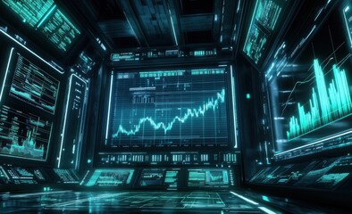 Poster - Futuristic room with many glowing data screens showing charts.