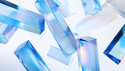 Poster - Abstract blue glass prisms floating on white background.