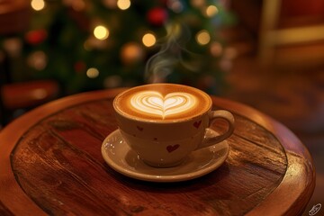 Poster - Heart latte art on wooden table with Christmas tree.