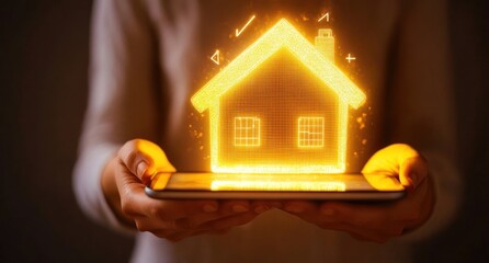 Aufkleber - Glowing house icon on phone held in hands, dark background.