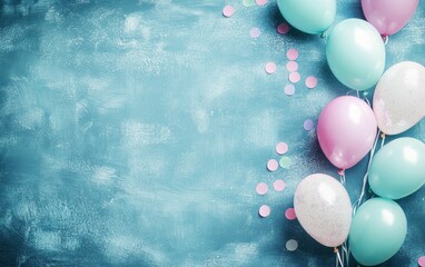 Poster - Pink and turquoise balloons with confetti on blue textured background.