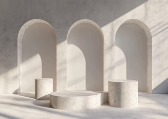 Poster - Three arches with two cylinder stands in natural sunlight.