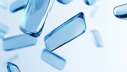 Poster - Abstract blue glass shards falling on light blue background.