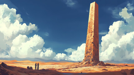 Canvas Print - A tall stone obelisk stands in a vast, arid desert landscape under a blue sky with puffy white clouds. a couple of people in the distance approach the structure. Obelisk. Illustration