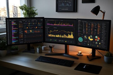 Poster - Three monitors displaying data charts on a desk.