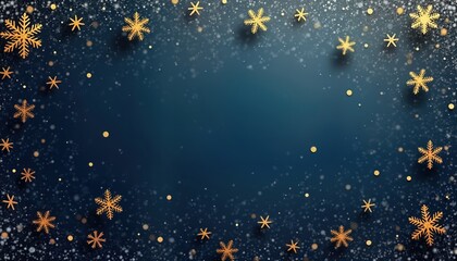 Poster - Dark blue background with snow effect. Golden snowflakes, small glitters scattered over image. Suitable for winter holiday design projects like cards templates for New Year. Great for banners