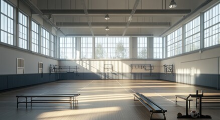 Poster - Empty indoor gymnasium with benches and sunlight.