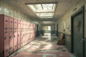Aufkleber - Abandoned hallway with lockers and damaged walls.