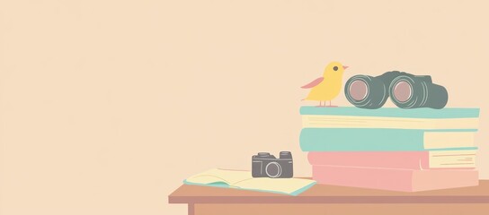 Poster - Still life with bird, books, camera, and binoculars on a table.