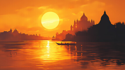 Wall Mural - Sunset over the ganges river, with the golden light reflecting on the water and distant silhouettes of temples. Nightfall. Illustration