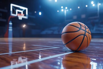 Aufkleber - Basketball on polished court with empty stadium seats.