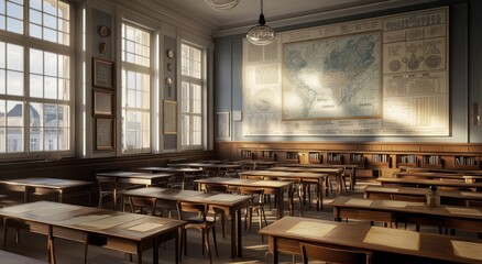 Poster - Empty classroom with desks, map, and sunlight.