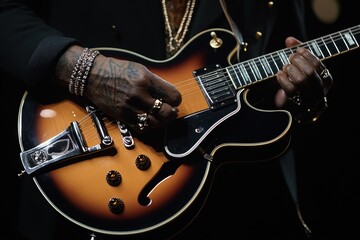 Poster - Man with jewelry playing brown electric guitar close up.