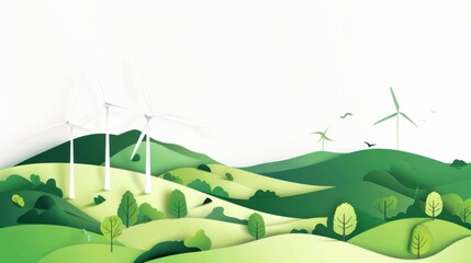 Wall Mural - A serene white background featuring green wind turbines on a hill, symbolizing clean and renewable energy, Simplified flat paper art illustration of