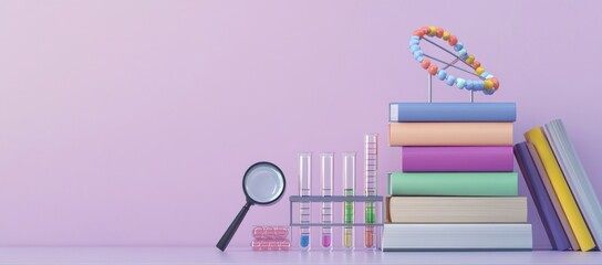 Aufkleber - Education tools with stacked books, dna model, magnifying glass, beakers.