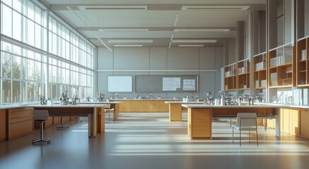 Leinwandbilder - Empty science lab with tables, equipment, and large windows.