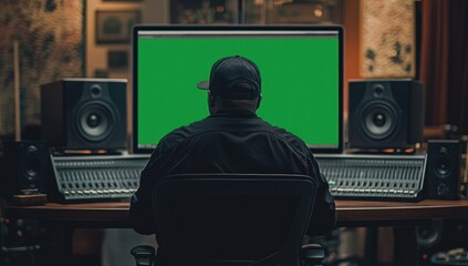 Fototapete - Back view man editing green screen, audio studio setup.