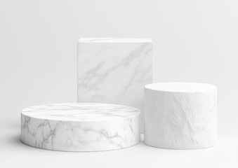Poster - Marble and white podiums against white background.