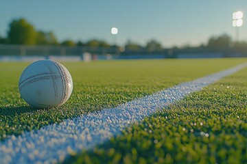 Poster - Rugby ball on green grass field, white lines.