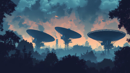 Wall Mural - Silhouettes of four large radio telescope dishes against the backdrop of an evening sky with clouds, with one dish in focus and three more blurred behind it generative ai. Nightfall. Illustration