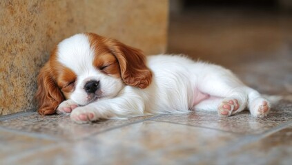 Poster - Sleeping puppy with brown and white fur lies on tile.