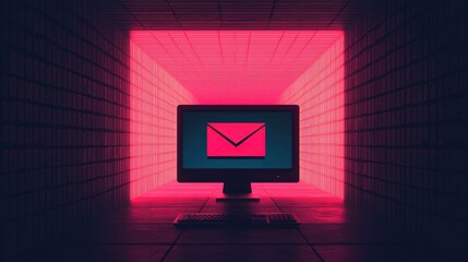 Fototapete - A digital tunnel with a glowing pink hue leads to a computer displaying an envelope icon, symbolizing email communication and technology.