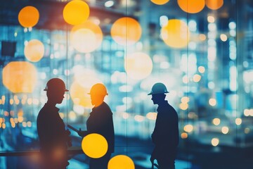 Poster - silhouetted engineers and construction team collaborating at worksite with blurred background