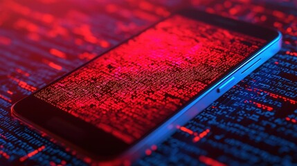 Fototapete - A smartphone lies on a colorful, distorted digital surface, illuminated with red and blue hues, suggesting themes of technology and data.