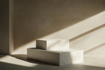 Aufkleber - Two stacked pedestals in sunlight on mottled surface, casting shadows.