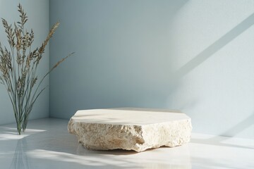 Aufkleber - Minimalist pedestal, stone platform with dried grass in corner.