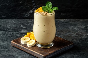 Wall Mural - Mango banana smoothie with mint, on wooden board.