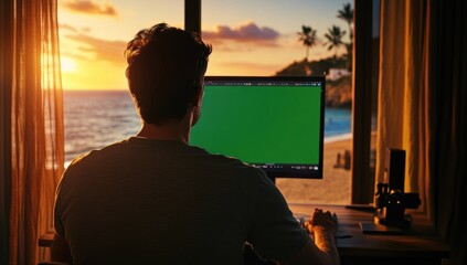 Poster - Man works at desk with beach view.