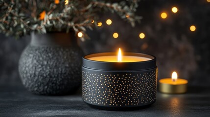 Poster - Burning candle with dark background, bokeh, potted plant.