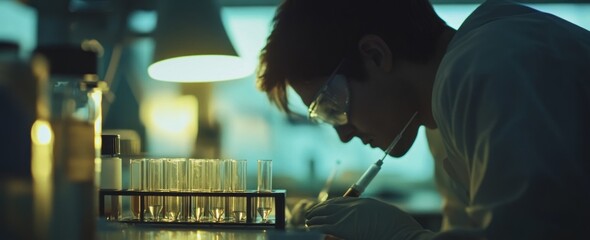 Poster - scientist working with syringe and test tubes in lab.
