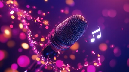 Poster - Shiny microphone with notes and glowing sparks, on purple bokeh background.