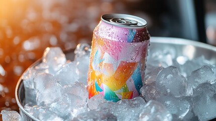 Poster - Chilled can with colorful design sits in ice.